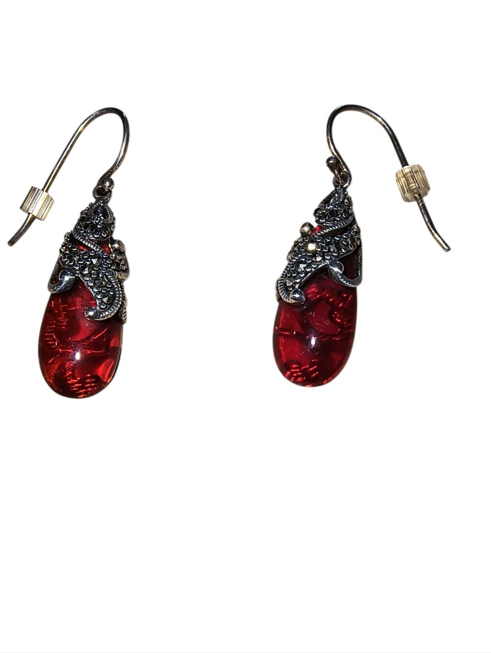 Sterling Silver, Ruby Red Glass & Marcasite Exotic Teardrop Earrings - Picture 2 of 10